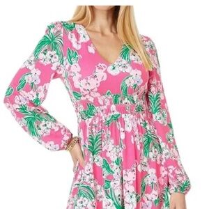 NWT Lilly Pulitzer Vibrant Pink Floral V-Neck Knee Length Dress size Large